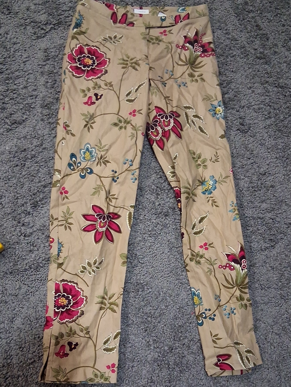 Liz Claiborne Beige Floral Straight-Leg Pants with Red, Blue and Green Accents